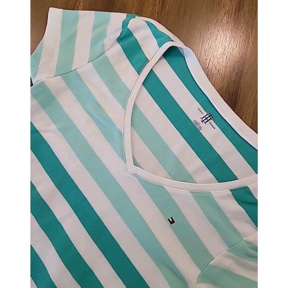 VTG Y2K Tommy Hilfiger Women’s M Green White Striped Casual Tee T-Shirt - Picture 1 of 7